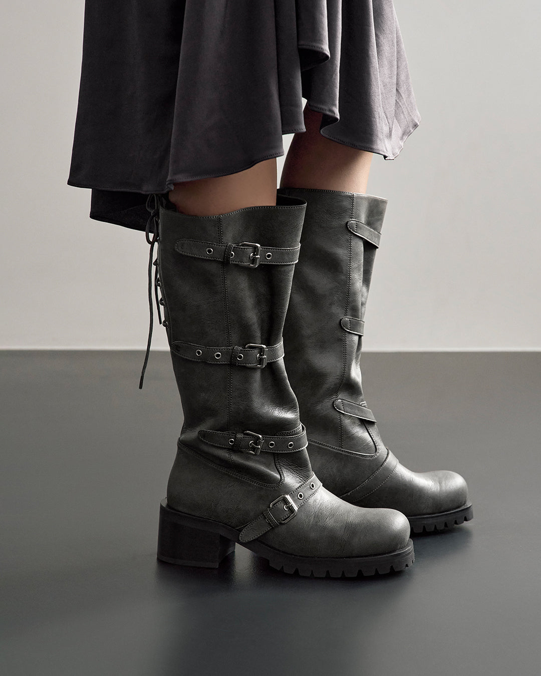 Buckle Tied Long Boots / Washed Gray